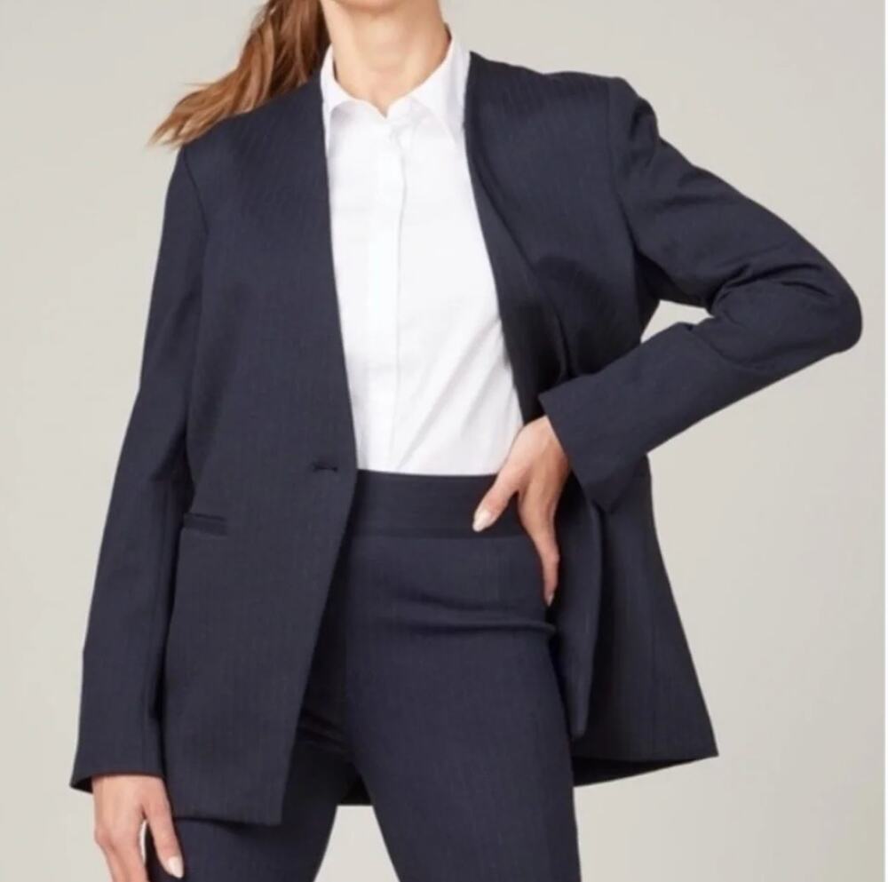 Spanx Perfect Collarless Single Button Blazer Jacket Pinstripe Navy Blue Small